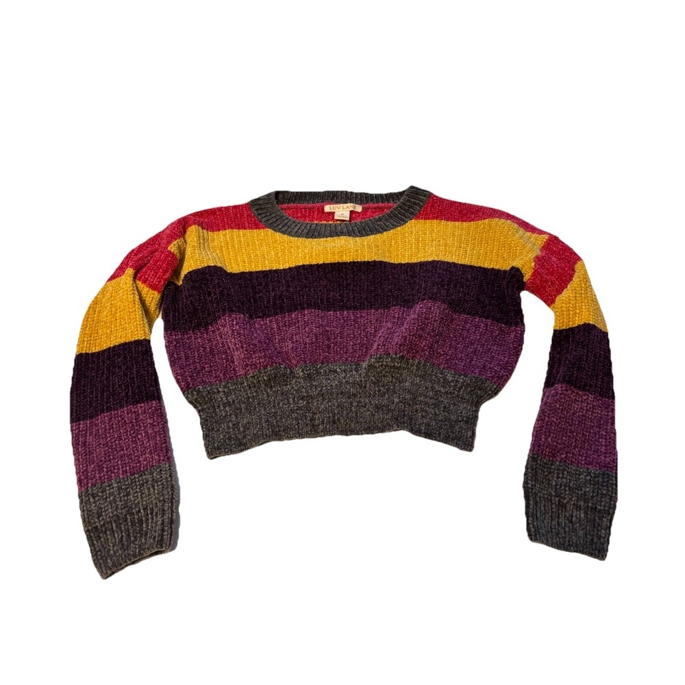 Luv Lane Colorful Multicolor Stripe Chenille Cropped Knit Sweater Women M Preppy